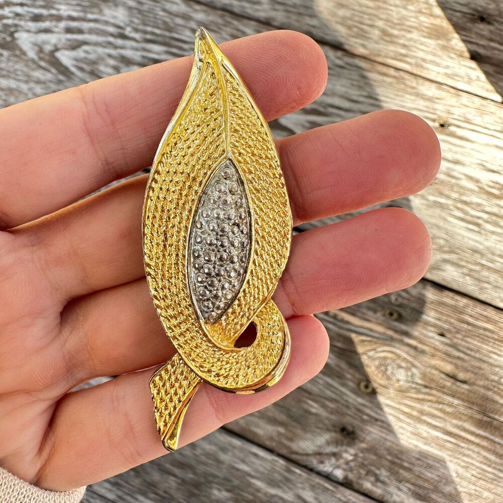 Vintage Jewelry Gold and Silver Tone Lead Brooch Abstract Leaf Pin